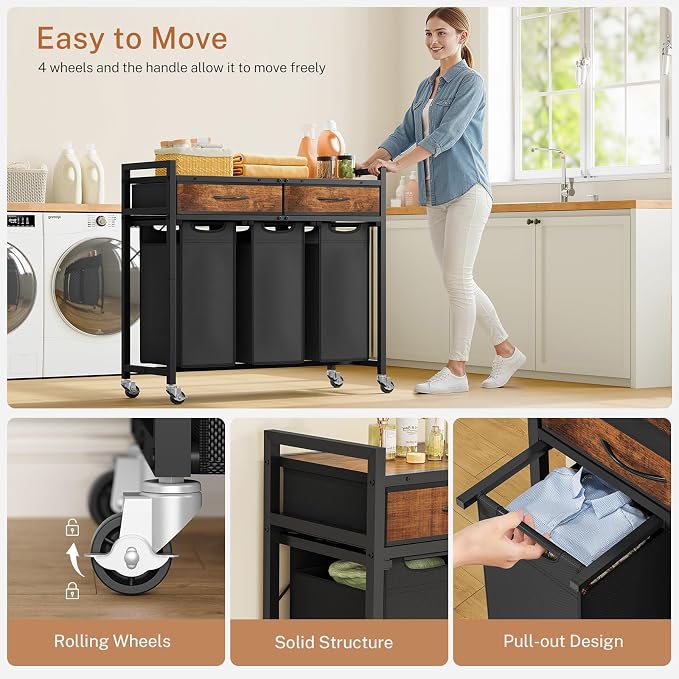 Laundry Sorter 3 Section, 120 L Laundry Hamper with 2 Drawers & 2-tone Top Panel, Rolling Laundry Basket Organizer with Pull-Out Removable Oxford Fabric Bags for Laundry Room Organization