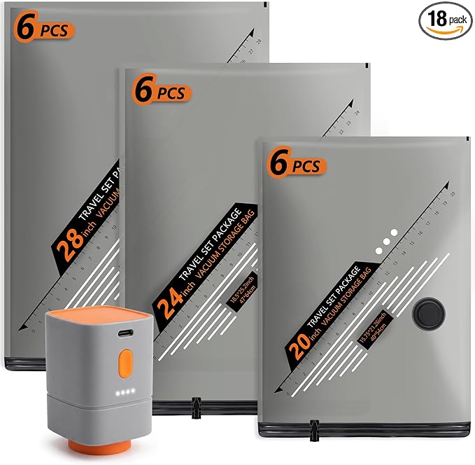 Rechargeable Wireless Pump Travel Vacuum Bags Set,Vacuum Storage Bags Portable Space Saver Bags for Travel, Home, Vacuum Compression Packing Seal for Clothes Seasonal Storage 18 Combo Set