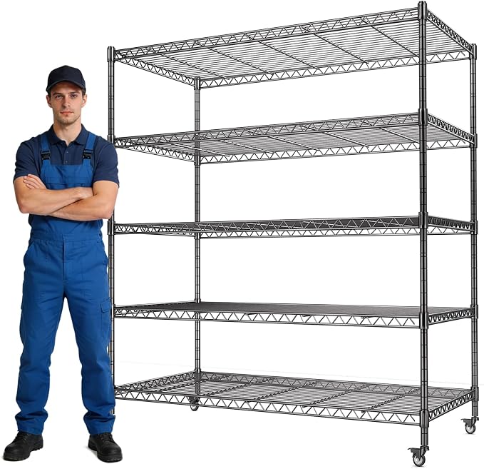 48” W Storage Shelves with Wheels,5 Tier Wire Shelving Heavy Duty,Adjustable Shelving Units,Garage Storage Shelves,3200LBS Metal Shelving,for Pantry,Kitchen,Warehouse,Rolling Shelf,48”W×24”D×72”H