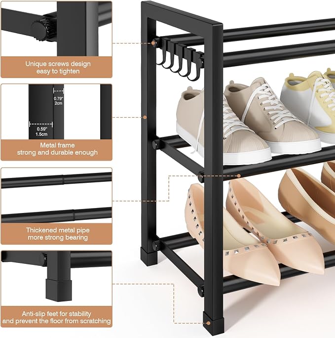 Expandable Shoe Rack - 18.5''- 47'' Adjustable Shoe Rack for Closet, 3 Tier Long Shoe Shelf Storage for 18 Pairs Shoe and Boot, Sturdy Metal Shoe Organizer for Entryway, Garage, Black