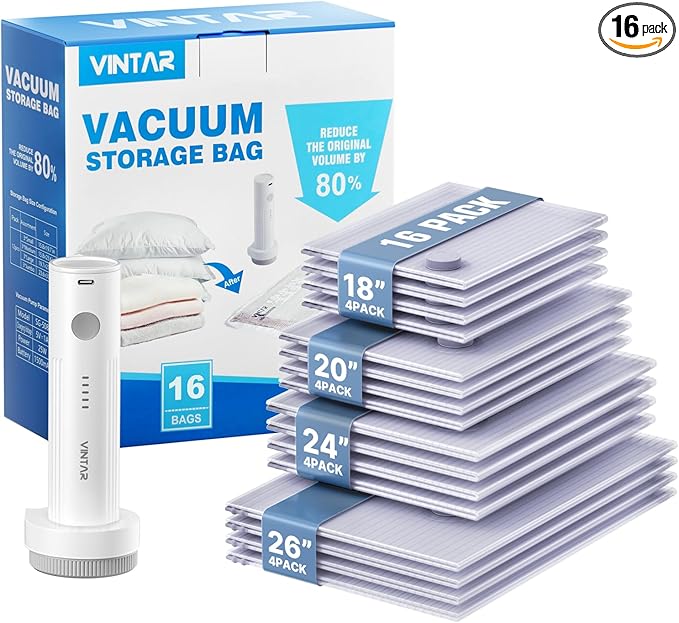 Vacuum Seal Bags for Clothing Travel, VINTAR 16 Pack Vacuum Storage Bags with Rechargeable Wireless Pump, Space Saver Bags(4 Jumbo+4 Large+4 Medium+4 Small) for Travel Luggage, Suitcase Storage