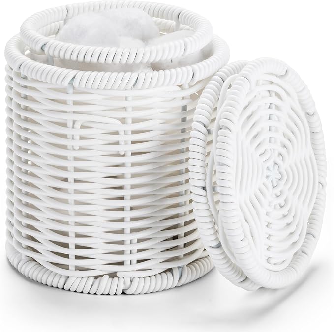 Rattan Jars,Decorative Storage Boxes with Lids, Bathroom Accessories,Rattan Desk Organizer,for Office,Dressing Table,Dental floss picks, cotton swab holders Home Decoration,White（DP056）