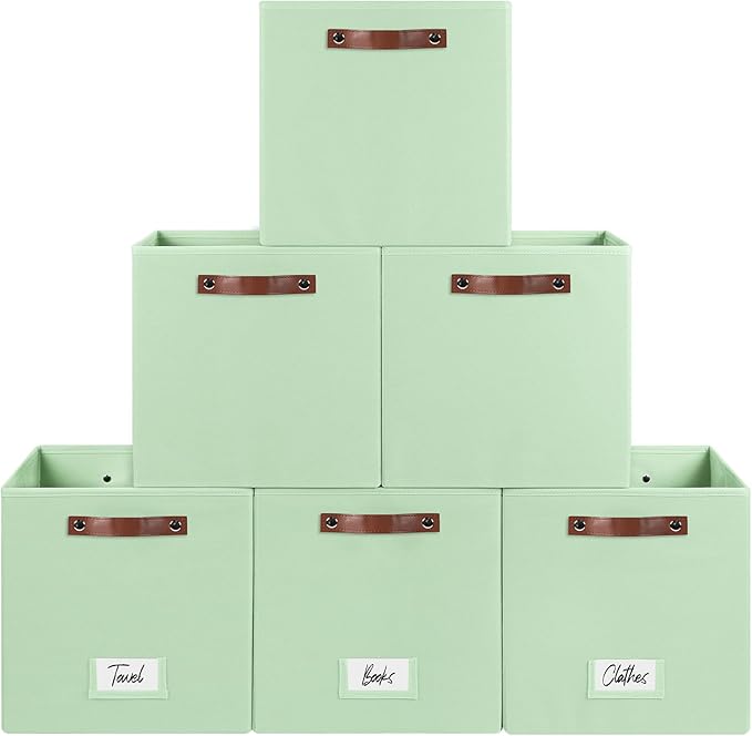 FinishingBo 13 inch Storage Bins with Labels 6 Pack | PU Leather Handles, Foldable Storage Cubes, Storage Baskets, Closet Storage, Green
