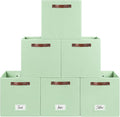 FinishingBo 13 inch Storage Bins with Labels 6 Pack | PU Leather Handles, Foldable Storage Cubes, Storage Baskets, Closet Storage, Green