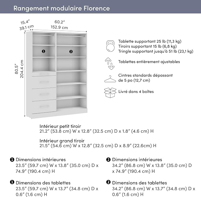 Bestar 61W x 16D Modular Closet Organizer System, Reach-in Closet or Walk-in with Shelves and Drawers, Slab Style, Florence Collection, White