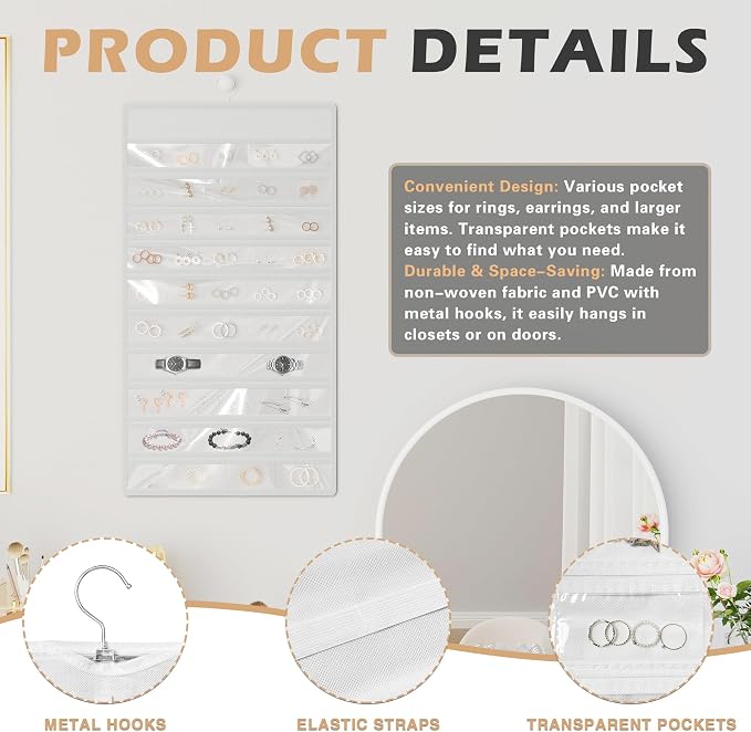 Hanging Jewelry Organizer, Double-Sided Necklaces Holder, White | 42 clear pockets organize rings & earrings; 36 wire necklace hooks reduce tangles; top hook hangs in closets, walls or doors.