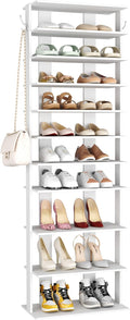 HOMEFORT 10-Tier Corner Shoe Tower - Double Rows, Slim Shoe Stand for 20 Pairs - Entryway, Hallway, Closet (White)