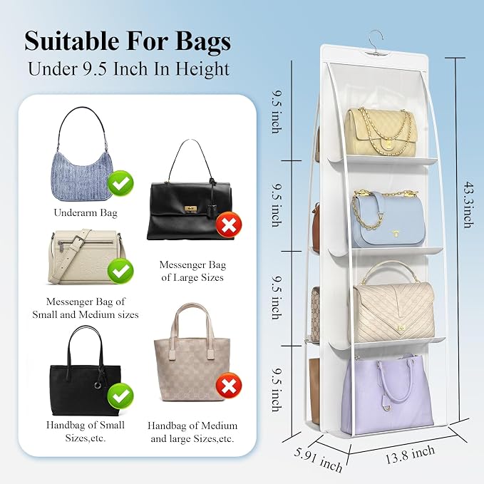 2 Packs 8 Pockets White Handbag Hanging Purse Organizer for Closet, Purse Storage, Purse Hanger and Handbag Organizer for Space Saving