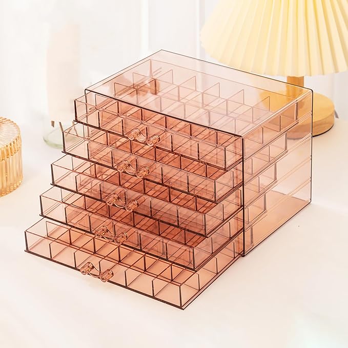 Clear Pink Acrylic Jewelry Storage Box, Earring Jewelry Organizer with 5 Drawers, 5-Layer Jewelry Box for Women, Earring Display Holder for Earrings Ring Bracelet Necklace, 120 Grid Storage Box