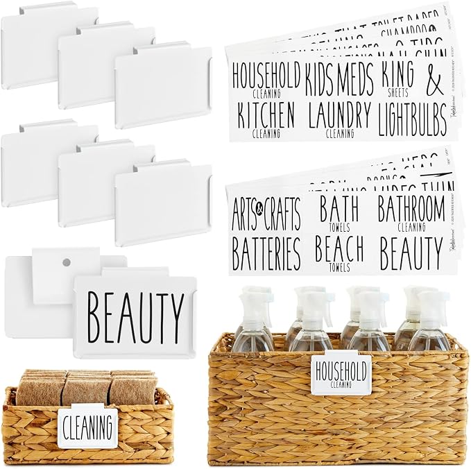 Talented Kitchen Storage Bin Label Holder Set - Easy-On Clip-On Tags for Storage Bins - 70 Preprinted Pantry Labels for Containers & Baskets - 8-Pack, 3.5" x 2.5", White