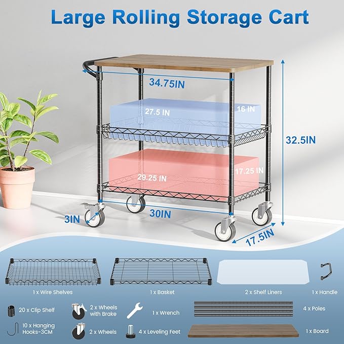 Rolling Kitchen Carts with Wheels, 3-Tier Utility Cart with Wood Tabletop | NSF Commercial Metal Serving Cart with Handle and Shelf Liner for Kitchen Snacks,34"D x 17.5"W x 32.5"H,Black