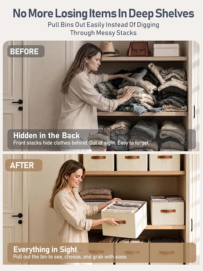 8 Pack Large Closet Storage Baskets Bins for Shelves, Collapsible Fabric Closet Organizers and Storage with Polyester Handles, Decorative Baskets for Organizing Clothes, Towels, Linen Closet 16x12x10"