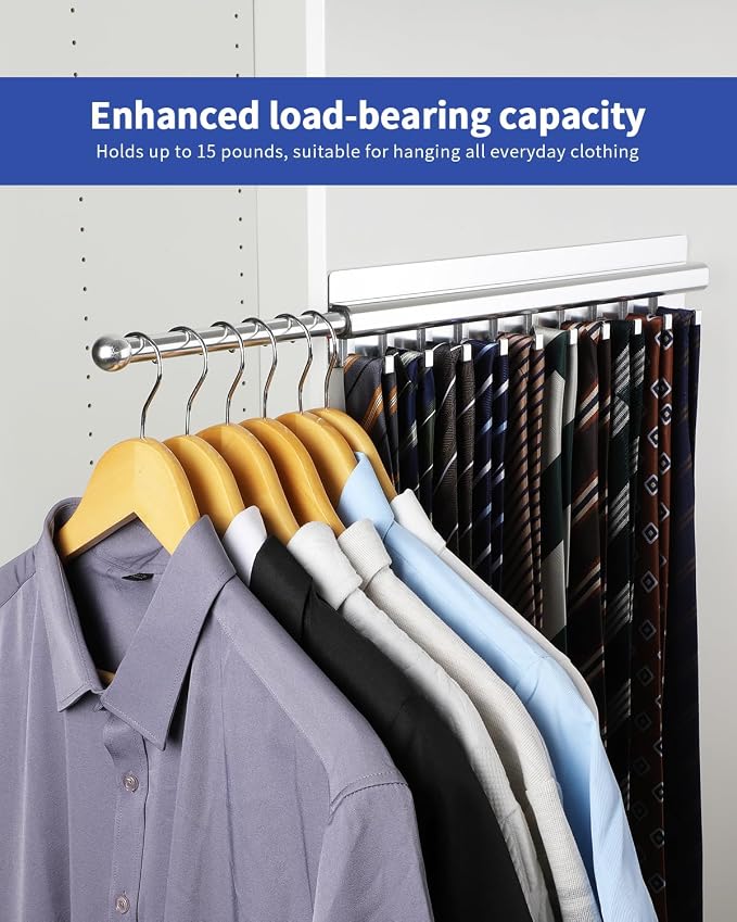 BaiNong Adhesive Valet Rod for Closets Pull Out 16.5" Silver with 10 Hooks | Multifunctional Closet Valet Rod Slide Out for Closets Belt Organizer for Closet Tie Rack Hanger for Closet Space-Saving