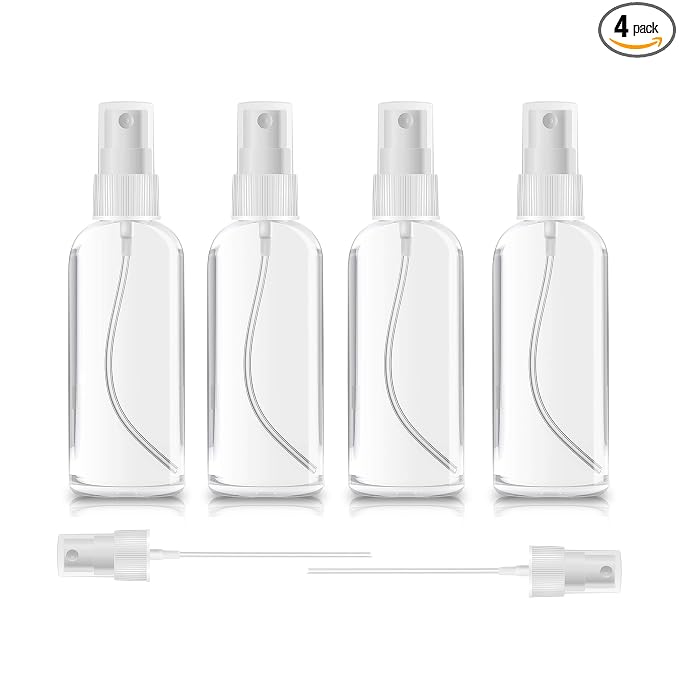 ZEROFIRE 4 Pack Spray Bottles 1oz Clear Plastic Empty Refillable Mini Spritzer for Travel, Cleaning, Gardening, Skin Care Atomizer for Essential Oils, Perfume