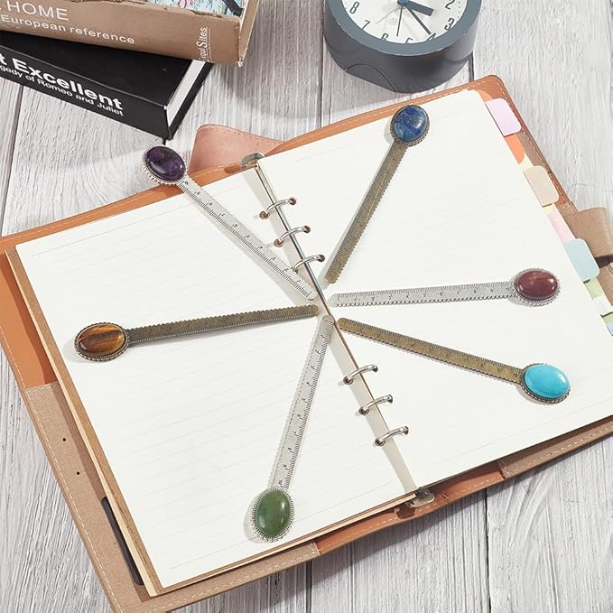SUNNYCLUE 12Pcs DIY 6 Sets Metal Bookmark Blanks Natural Gemstone Oval Cabochons Ruler Bookmark Bezel Trays Book Mark Blanks Bezels Antique Silver Bronze Cabochon Bookmarks Making Kit for Men Women