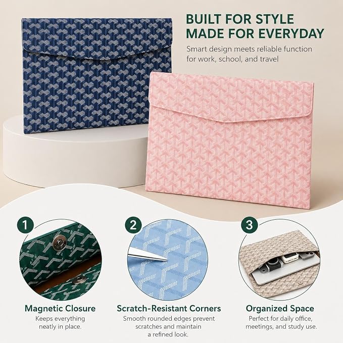 Designer A4 Padfolio Document Organizer Sleeve – Fits A4 Paper, MacBook, iPad & Tablets – Magnetic Closure, Slim & Scratch-Resistant – Ideal for Office, School, Students & Professionals (Pink)