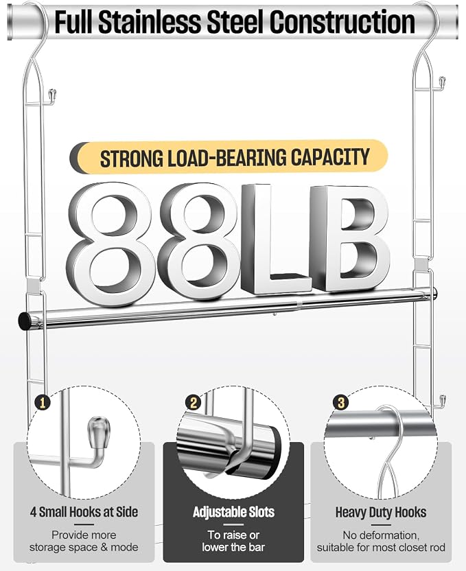 Supforce Hanging Closet Rod with Side Hooks, Adjustable Height & Width | 2 Pack, Stainless Steel, Expand Closet Space, Adjustable Fit for Any Closet, 88 lb Heavy-Duty Capacity, Tool-free Install