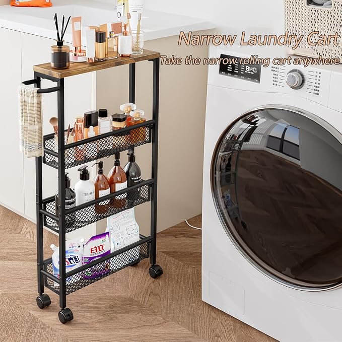 AZERPIAN Slim Rolling Cart 5 Tier Narrow Storage Cart on Wheels with Metal Handle for Kitchen Dining Living Home Laundry Room