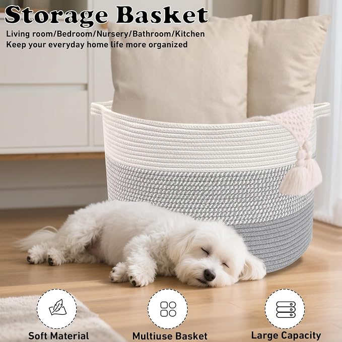 90L Extra Large Blanket Basket,Woven Rope Laundry Basket Hamper with Handles, Decorative Nursery Basket Storage Bin for Toys, Clothes Organizer, Living Room, Bedroom, Bathroom, Grey