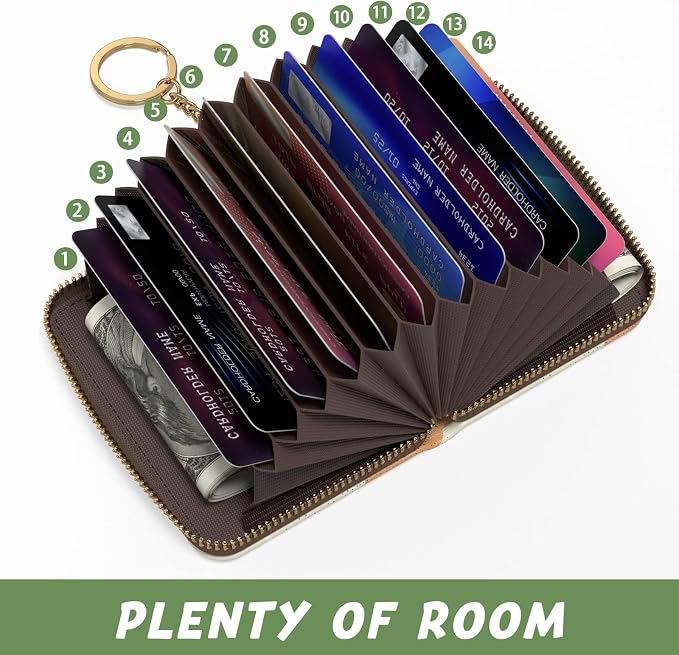 Aiawoxc Credit Card Holder, Small RFID Wallet Slim Leather Card Organizer Case with Zipper and Keychain, Abstract Boho Leaves