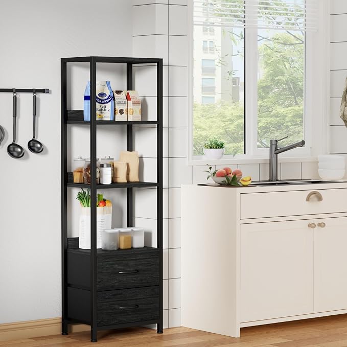 Furnulem 4-Tier Corner Shelf, Bookshelf with 2 Storage Drawers, 57.28”Tall Narrow Bookcase, Standing Shelf Organizer Unit for Living Room, Bedroom, Metal Frame, Wood Display Shelf | 57.28”Tall Bookcase for Bedroom,Living Room,Display Cabinet with Metal...
