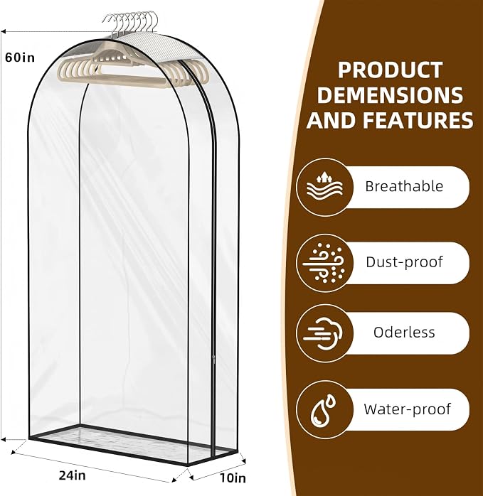 Upgraded Thickened Clear Garment Bags for Hanging Clothes 4 Packs, 10“ Gusseted Clothes Hanging Storage Bags for Closet, Shirts, Coats, Dresses (60 inch)
