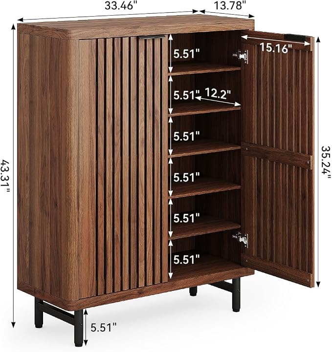 LITTLE TREE 6-Tier Shoe Cabinet with Doors for Up to 24 Pairs, Large Wooden Shoes Cabinet with Adjustable Shelves, Retro Freestanding Shoe Organizer for Entryway, Hallway, Brown