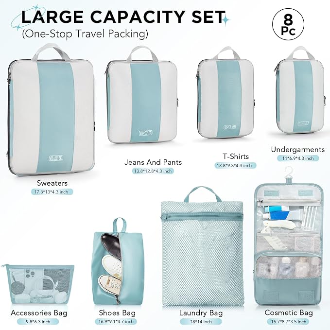 OlarHike 8 Set Compression Packing Cubes for Travel Essentials,Compressible Expandable Space Saver Bags for Organizing Clothes,Luggage Suitcase Garment Bags with Over 1000 pcs Mesh Holes(Blue Gray)