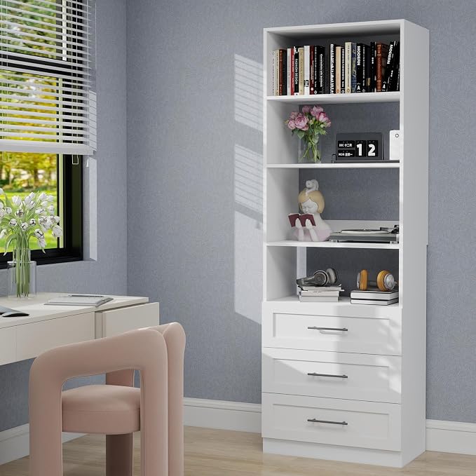 Closet System with 3 Drawers and Shelves, secilix 81" Wood Closet Organizer System, 2FT Modular Closet System for Walk in Closet, Modular Storage Tower with Expandable Hanging Rod, White