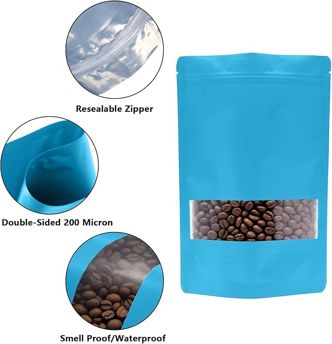 100PCS Foil Pouch Mylar Bags with Clear Window,ULIFESTAR Stand Up Sealable Bags with Tear Notches,Resealable for Food,Party Favors,Gift Packaging and Small Business(16 * 24cm/6.3 * 9.45",Blue)