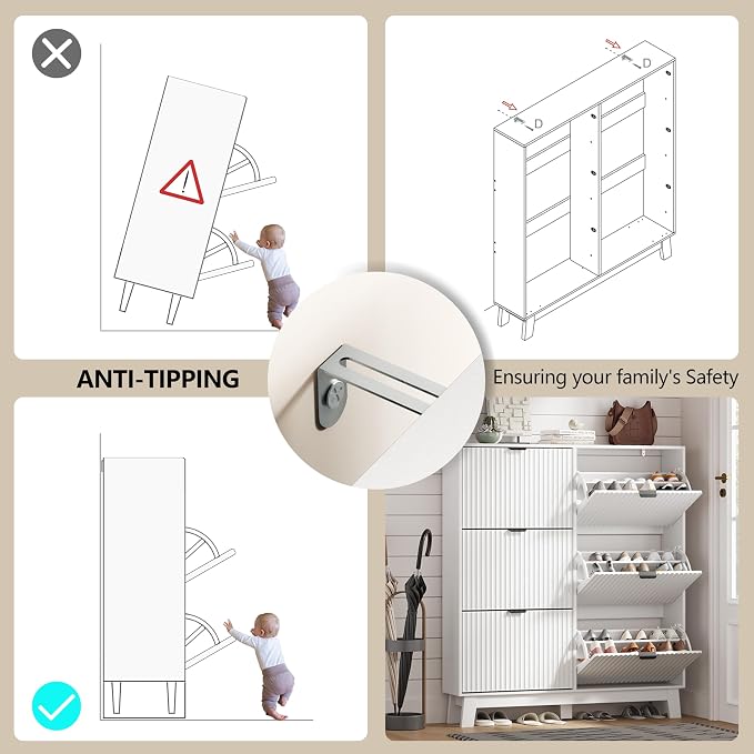 HUANLEGO Shoe Cabinet Storage for Entryway with 6 Flip Drawers, Fluted Narrow Shoe Organizer with Wooden Legs, Freestanding Slim Shoe Storage Hidden Shoe Rack Organizer for Front Door Entrance, White