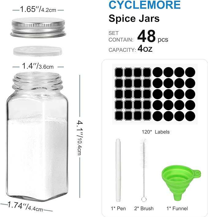 CycleMore 48 Pack 4oz Glass Spice Jars with Metal Caps and Shaker Lid | Airtight, Lead-Free, BPA Free Square Spice Containers - 80pcs Black Labels,1pcs Silicone Collapsible Funnel and 2 Brushes