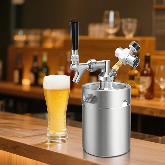 64OZ Mini Keg Growler Tap System, Pressurized Stainless Steel Beer Keg, Beer Dispenser System with CO2 Regulator & Self-Closing Faucet, Portable Beer Growler to Keep Fresh for Homebrew