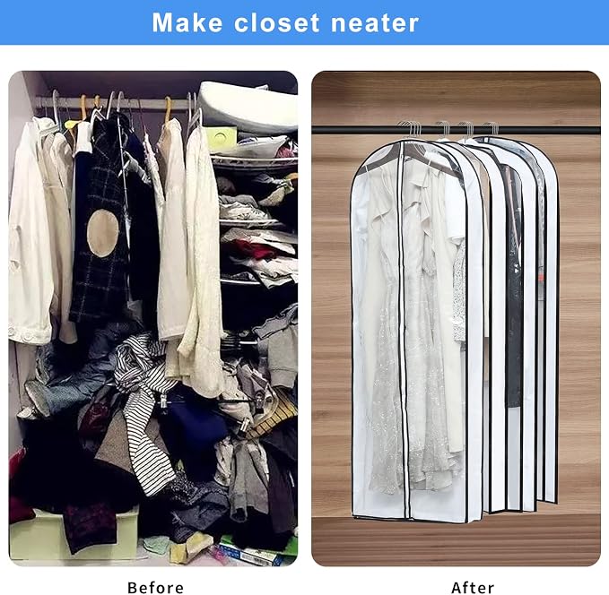 Mskitchen Clear Garment Storage with 4" Gusseted Hanging Covers - Durable, Transparent Protectors for Long Coats, Gowns, Dresses - 24"x 60"x 4" / 6 Pack