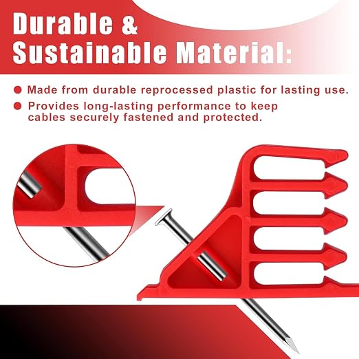 Multi Cable Staples 100 Pack Compatible with Romex Clips, Red Wire Stackers | Insulated Cord Electrical Cable Clip Stackers with Steel Nails for Organizing Multiple Coaxial and Data Wires on Wood Framing