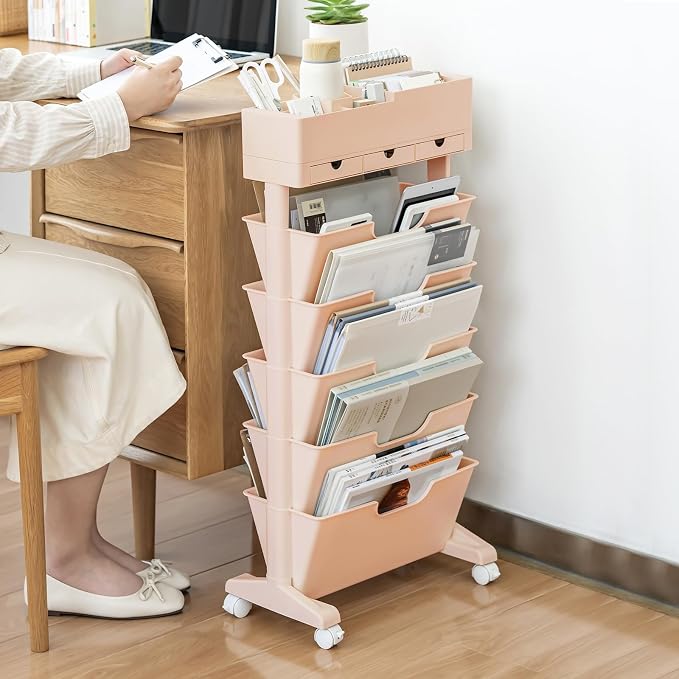 5 Tier Rolling Book Cart Multi-Functional Movable Storage Bookshelves with Lockable Wheels for Study Office Library Classroom, (Pink, with Wheel)