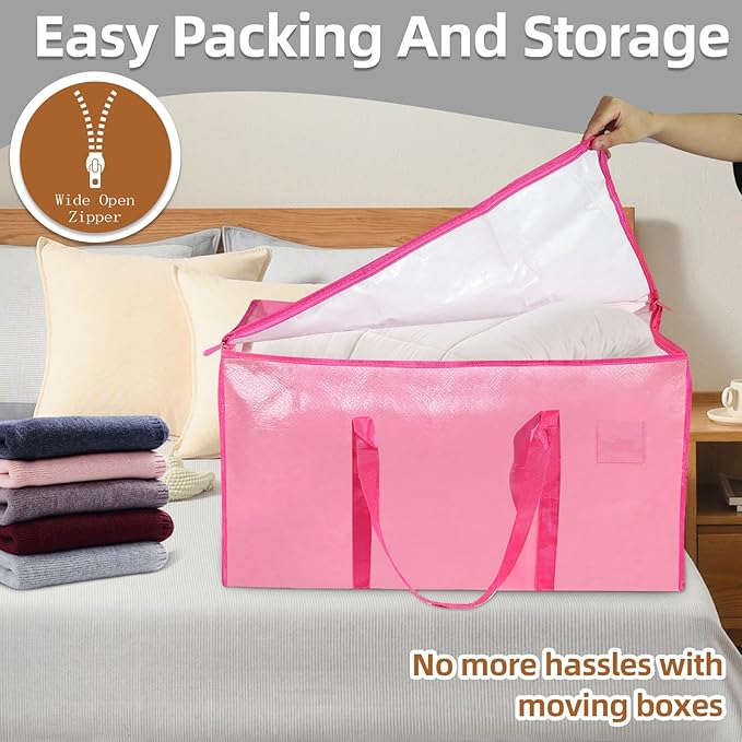 8 Pack-Extra Large Heavy Duty Moving Bags - Waterproof Storage Totes with Handles & Zippers, Foldable for College Dorm, Storage (Pink)