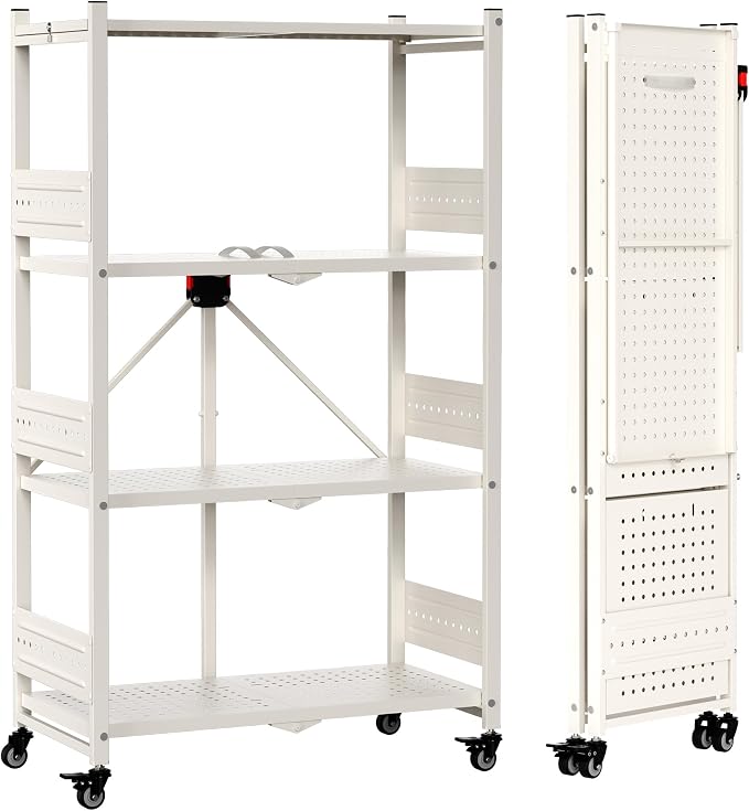 WORKPRO 4-Tier Folding Shelf, No-Assembly Metal Storage Rack with Wheels, 600 lbs Capacity (with Leveling Feet), Collapsible Shelving Unit for Kitchen, Pantry, Closet & Craft Shows - White