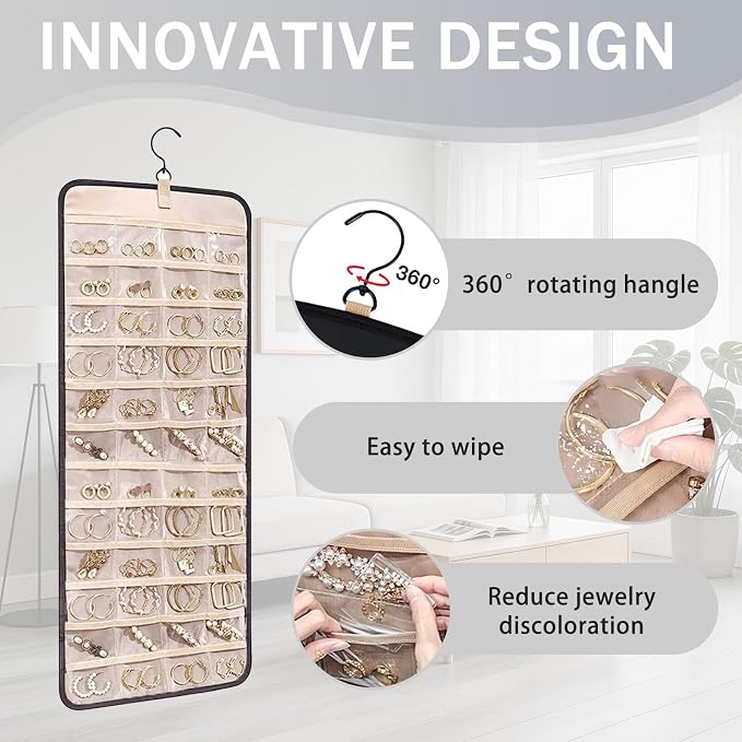 LAKSMI Large Hanging Jewelry Organizer for Closet, Wall or Door, 48 Pockets & 21 Hooks for Earrings, Necklaces and Rings (Black1)