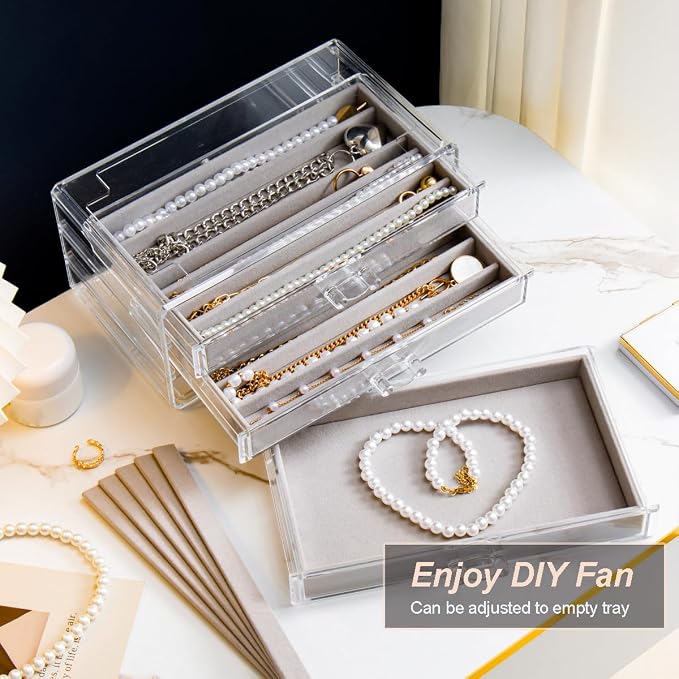 YUFONG Necklace Holder Organizer, Dustproof Necklace Box Velvet Necklace Organizer Box with Lid Clear Acrylic Dustproof Stackable Jewelry Displays for Necklaces Chain Display (Gray, 3 Drawer)