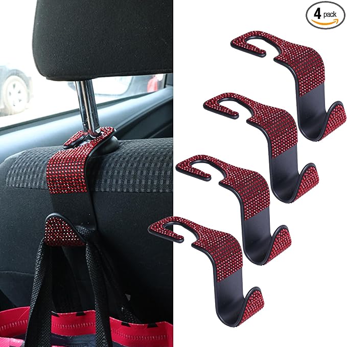 4PCS Bling Car Seat Headrest Hooks, Vehicle Back Seat Purse Handbag Hanging Holder with Crystal Rhinestone, Diamond Storage Organizer Hook,Bling Car Accessories for Women (Red)