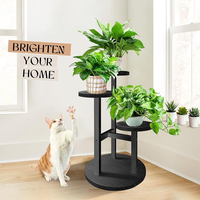GEEBOBO 3 Tier Plant Stand Indoor, Tiered Wood Plant Stand for Indoor Plants, 21" Height Space Saving Small Corner Plant Shelf, Plant Stands for Tabletop, Balcony, Living Room (Black)