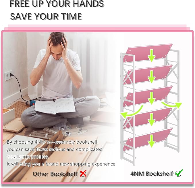 4NM Extra Wide 5 Tiers No Assembly Book Shelves, 51.2" H Folding Bookshelf Bookcase Open Industrial Foldable Shelves for Bedroom, Living Room, Home Office - Pink White
