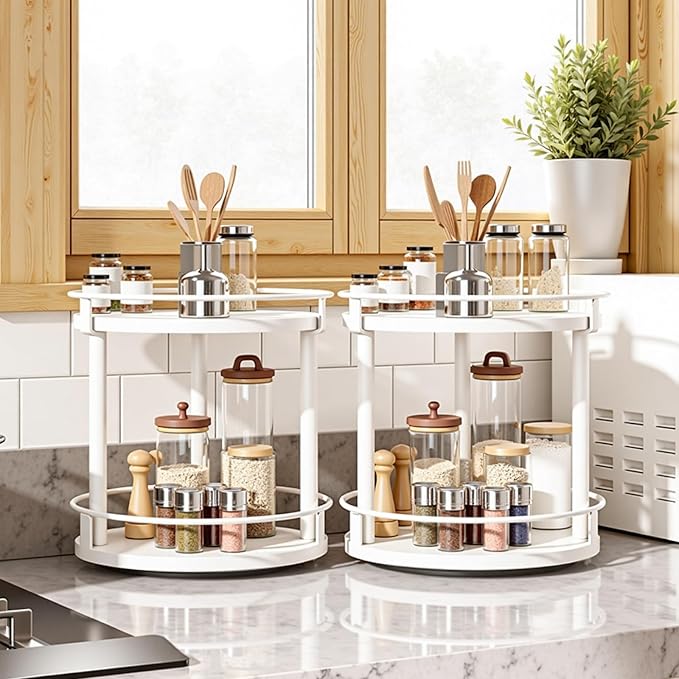 YATINEY Spice Rack, Set of 2 Lazy Susan Organizer, 2-Tier Turntable Organizer For Cabinet, Compact and Versatile, for Kitchen Countertop, White SR22L2WW