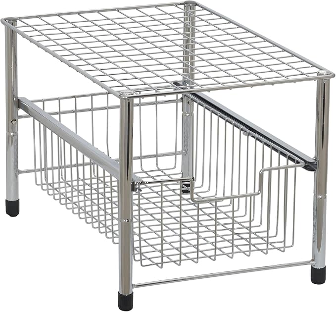 Household Essentials Free Standing Single Basket Sliding Cabinet Organizer with Metal Frame, Silver Finish