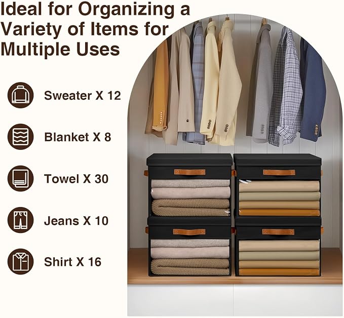 Homsorout Large Storage Bins with Lids - 4 Pack Foldable Decorative Organizers with Clear Windows & Handles, Cube Storage Organizers for Clothes, Blankets, Sweaters, Sheets, Black