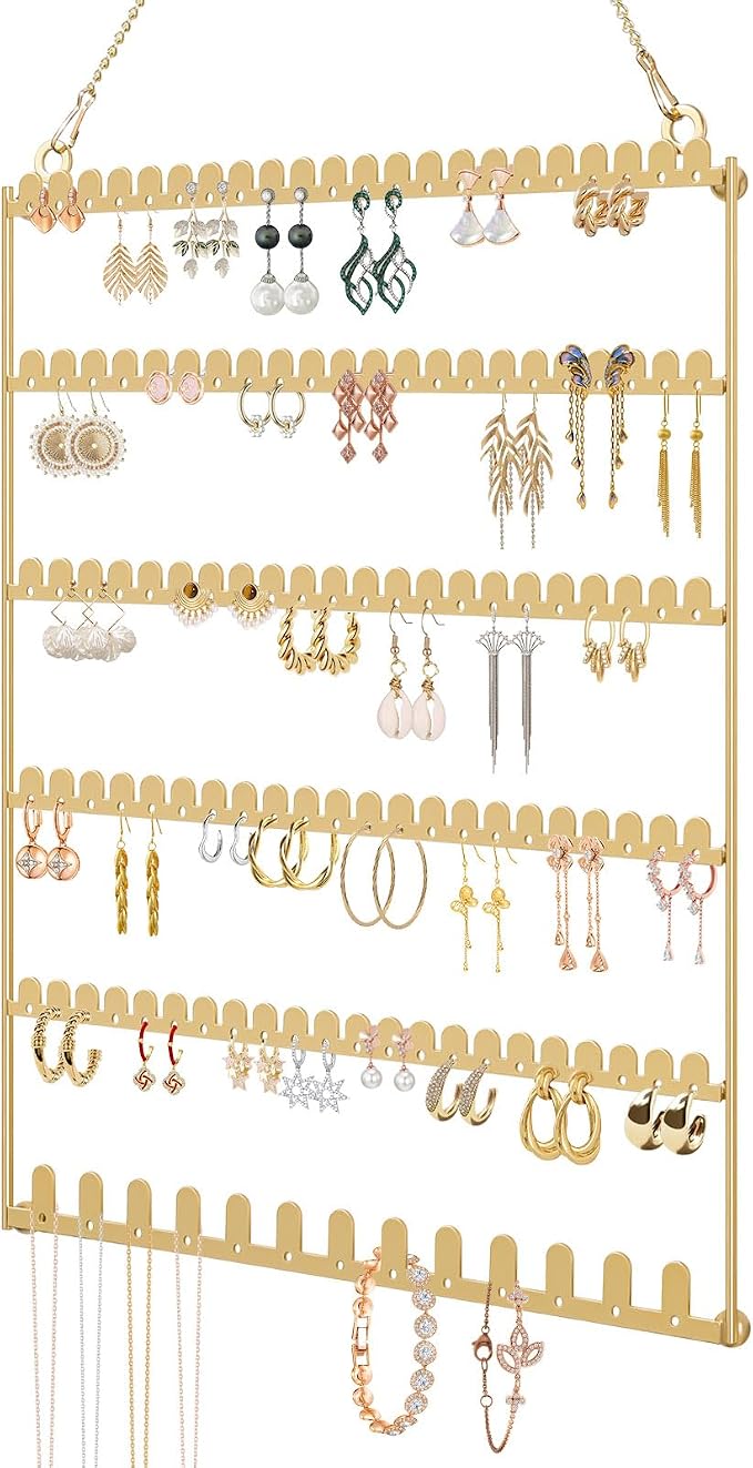 6 Tier Earring Holder Wall Mounted Hanging Earring Organizer Gold | Earring Display Storage with 123 Holes and 129 Grooves Jewelry Organizer Tree for Stud/Hoop/Dangle Earrings Necklace