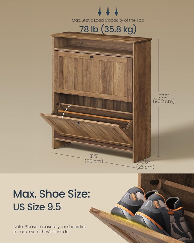 SONGMICS Home Shoe Cabinet, Snapsemble Superfast Assembly, Shoe Storage Cabinet for Entryway with 2 Flip Drawers, Adjustable Dividers and Open Storage, Farmhouse, Honey Brown