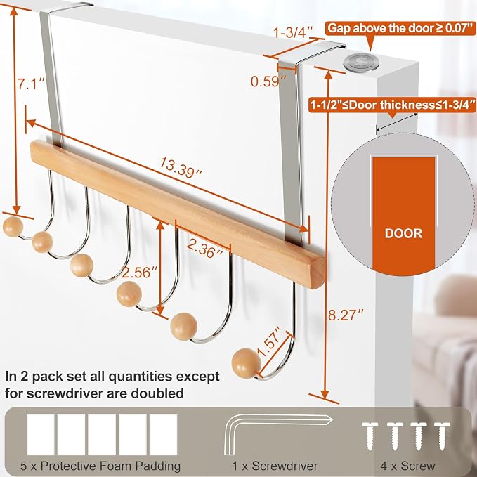 TOPIA HANGER Over The Door Hooks for Hanging, Towel Hooks Towel Racks for Bathroom, Coat Hooks Coat Rack Over The Door Organizer Hanging, Wooden Door Hangers for Coat Towel Hat Purse CT72N - 2 Pack