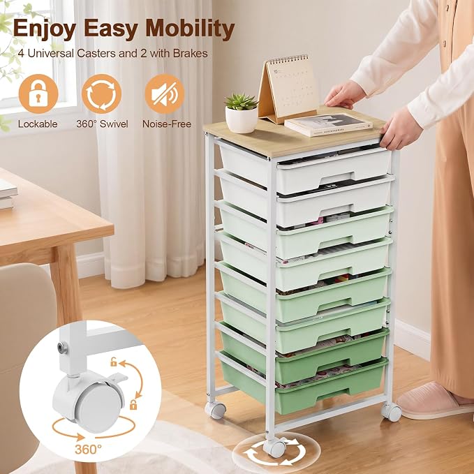 LEHOM Rolling Storage Cart with 8 Drawers, Utility Cart on Wheels with Metal Frame and Wooden Tabletop for Living Room Bedroom Dorm, Office Storage & Art Supply Craft Organizer for Classroom, Green